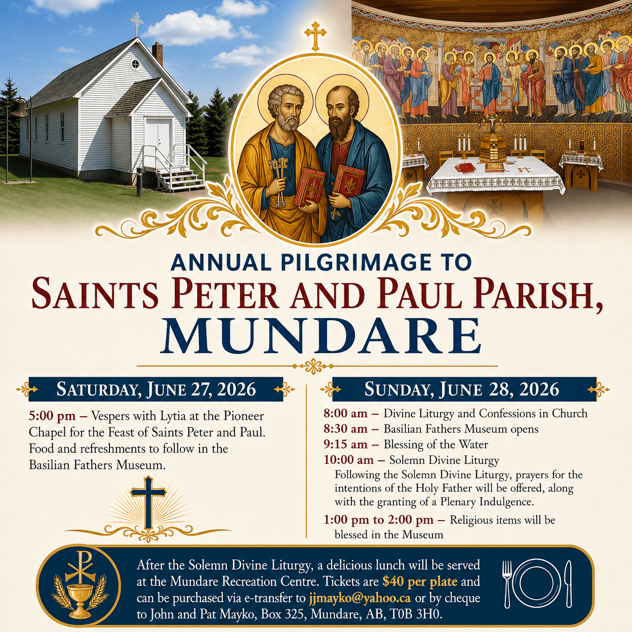 Pilgrimage poster for Saints Peter and Paul Parish, Mundare, June 27-28, 2026.