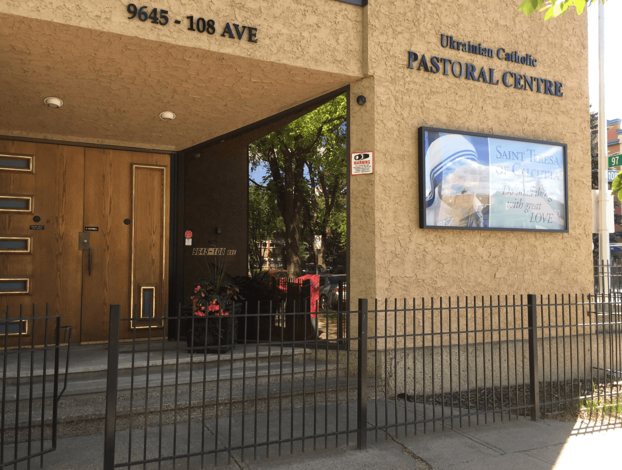 Ukrainian Catholic Pastoral Centre entrance with a sign of Saint Teresa of Calcutta.