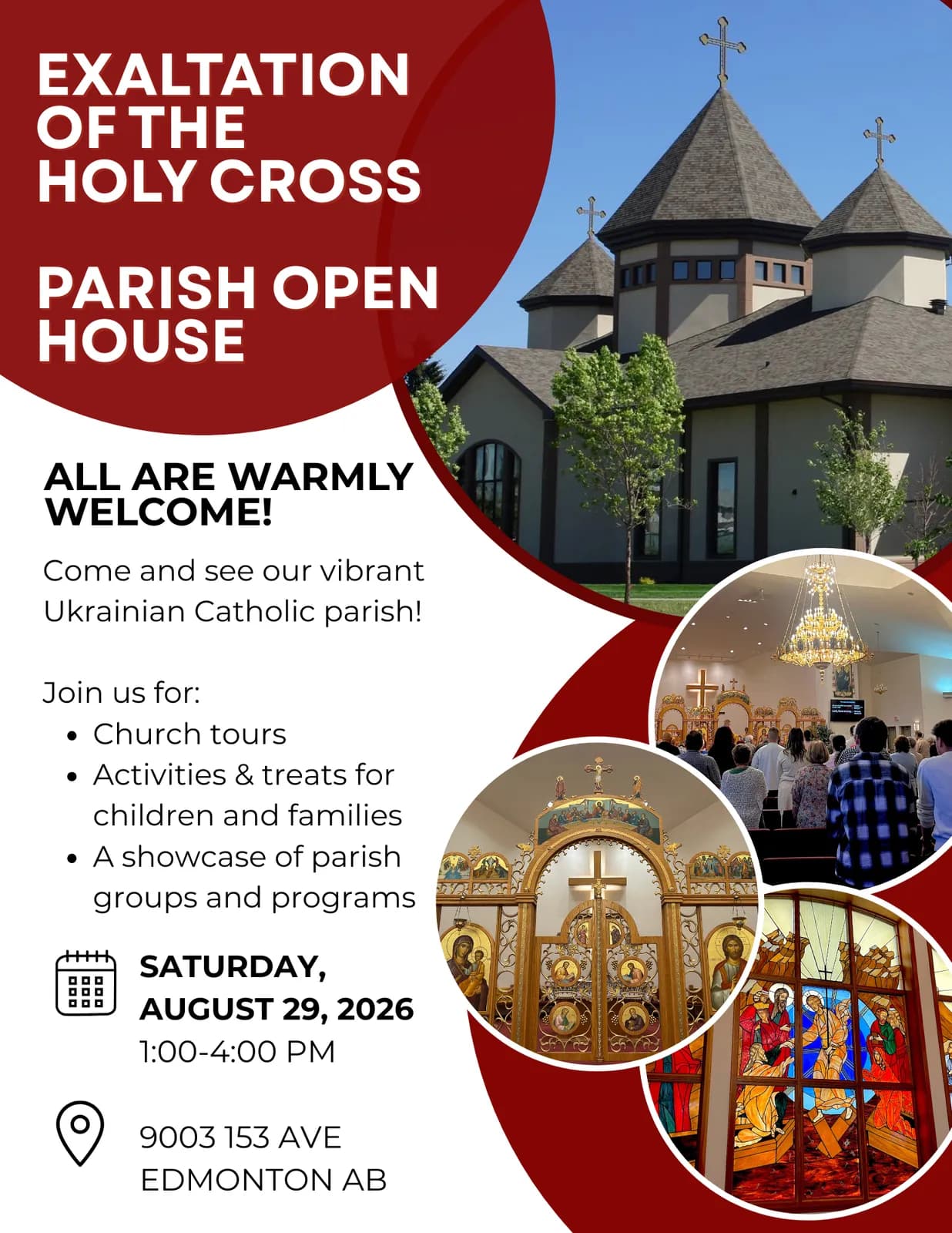 Ukrainian Catholic church exterior, iconostasis, stained glass, and congregation.