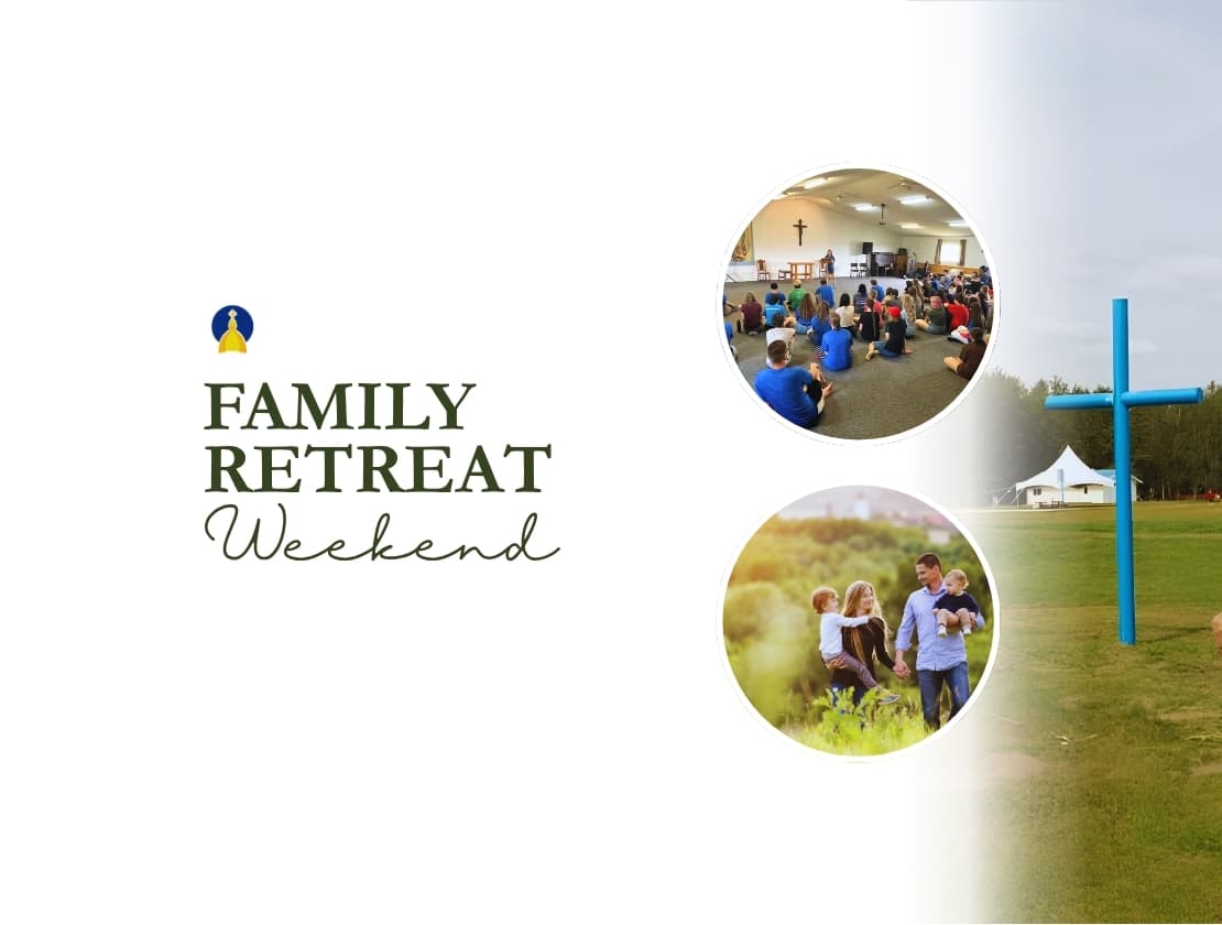Family Retreat Weekend graphic with images of a group listening to a speaker and a family outdoors.  