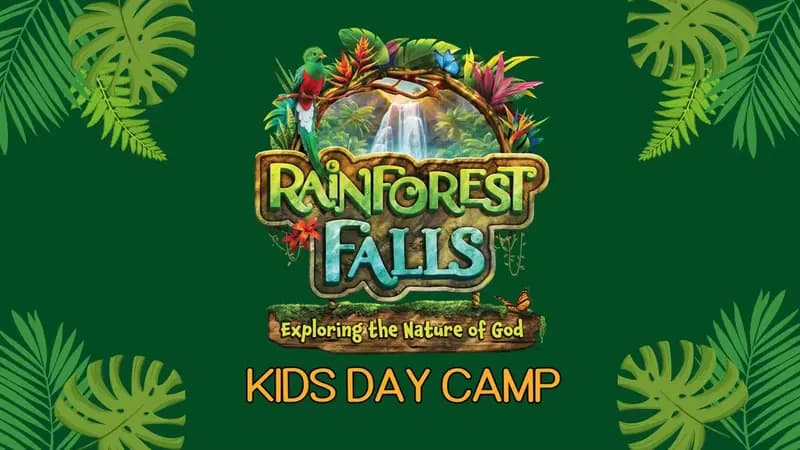 Rainforest Falls Kids Day Camp logo with waterfall, parrot, and jungle foliage.