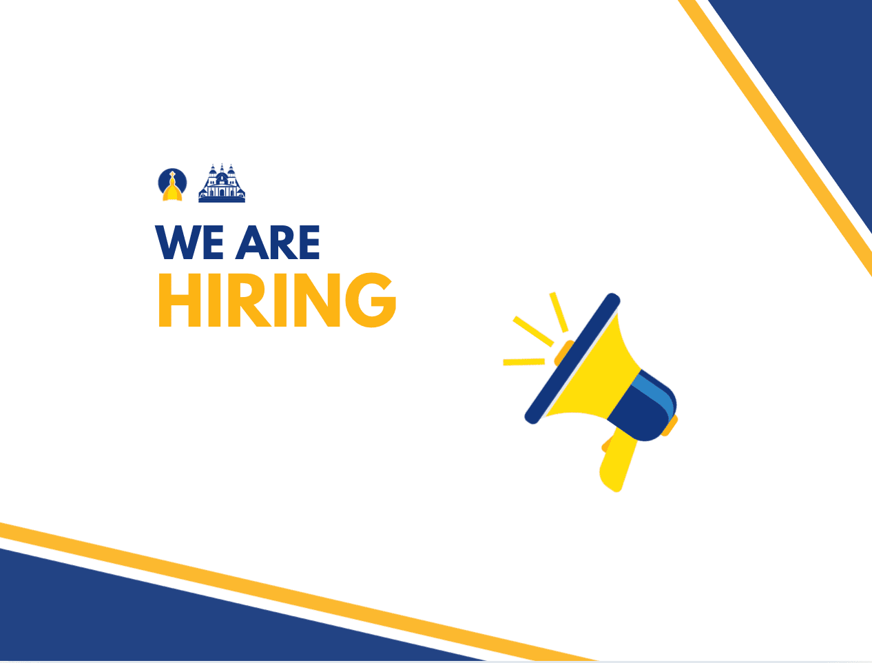 We are hiring announcement with church icon and megaphone graphic.